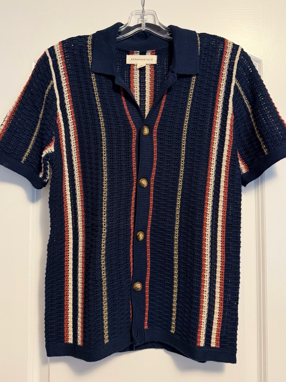 Aeropostale Navy Short-Sleeve Knit Polo with Red, Cream, and Tan Stripes